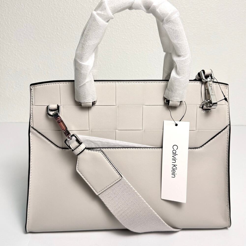 Calvin Klein Becky Turnlock Convertible Satchel Vegan Leather Dove Gray NWT - Picture 2 of 12